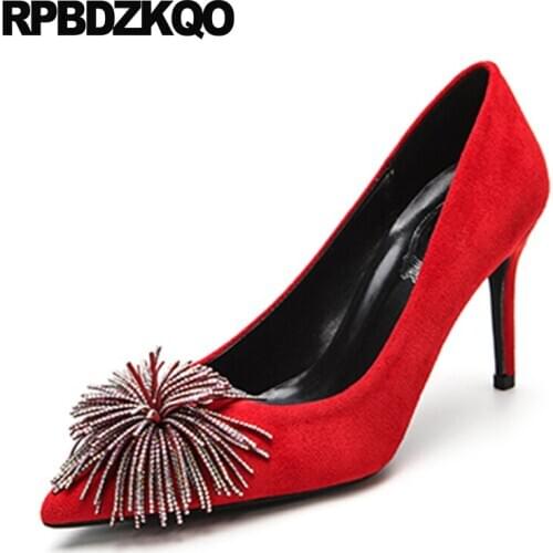 Pointed Toe High Heels Ladies Rhinestone Strange Tassel Party Shoes Red Diamond Black Stiletto Pumps Big Size Crystal Bridal New