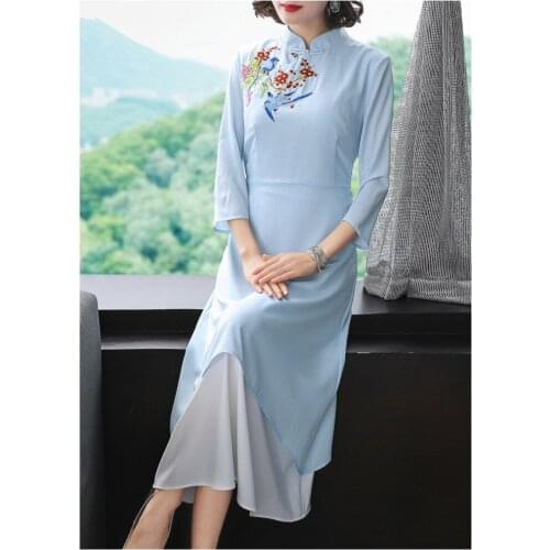 Spring original design Chinese style flower Embroidered big size retro improved cheongsam dress for women