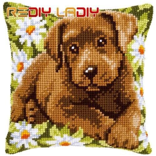 Cross Stitch Cushion Two Puppies Make Your Own Pillow DIY Chunky Cross Stitch Kits Pre-Printed Canvas Acrylic Yarn Pillow Case