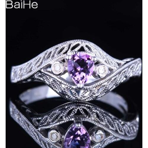 BAIHE Sterling Silver 925 0.3CT Pear Amethyst Engagement Wedding Gift Women Vintage Elegant unique Fine Jewelry Amethyst Ring
