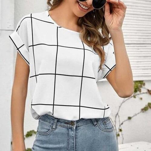 Summer Office Lady Blouse Round Neck Short Sleeve Elegant Women Lattice Printed Shirt Female Casual Loose Basic Top