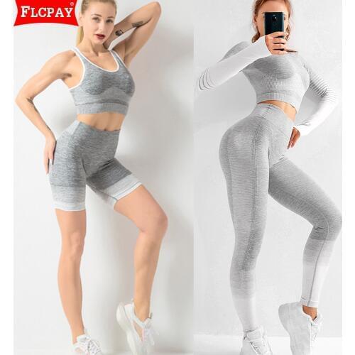 Womens 5pcs Sport Suits Fitness Yoga Running Athletic Tracksuits Activewear Set Long Sleeve Crop Top High Waist Pants Leggings