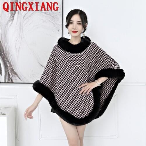 6 Colors 2021 Faux Rabbit Fur Poncho Women Houndstooth Triangle Pullover Loose Capes Buttom Fur Outstreet Knitted Long Coat