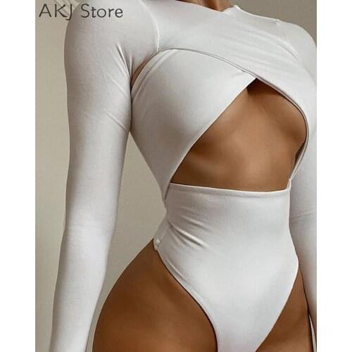 Women Sexy Cut Out Bodysuit Solid Long Sleeve Patchwork Skinny Jumpsuit