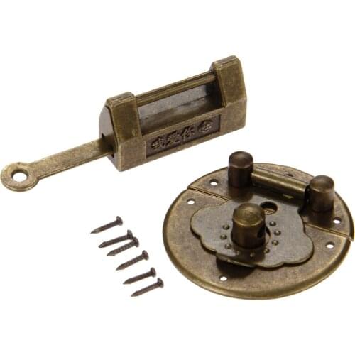 1 Set Vintage Chinese Old Lock Wooden Box Padlock with Box Latch Hasp Buckle Clasp and Screws Antique Bronze Furniture Hardware