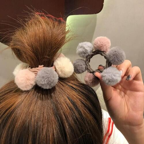1 Pcs Cute Soft Pompom Hair Rope Geometric Elastic Scrunchies Fur Ball Rubber Band for Girls Fashion Headwear Ponytail Holder