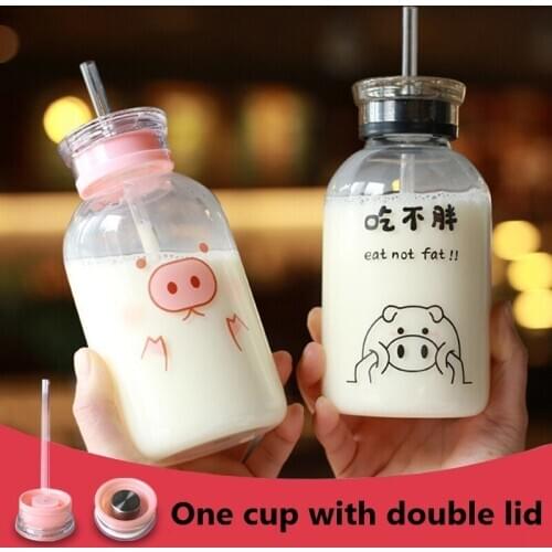 450ml Kawaii Pig Glass Water Bottle With Straw Double Lid Cartoon Creative Cute Portable Drinking Water Cup For Kids Girls Gift