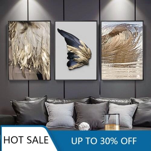 American Modern Gold Feather Abstract Angel Wings Wall Art Canvas Painting Posters Prints Wall Decor Aesthetic Home Decoration