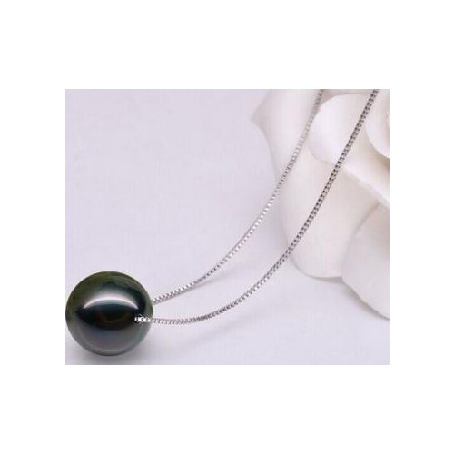 Free shipping jewelry 18"10-11mm Tahitian genuine perfect round black pearl necklace pendant silver chain