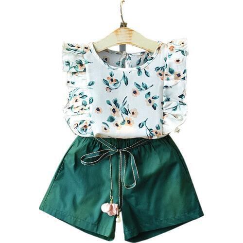 Kids sets Girls Summer New Fashion Casual Lace Printed Top Solid Color shirt + Shorts pant Two-Piece Set 2-8 ages