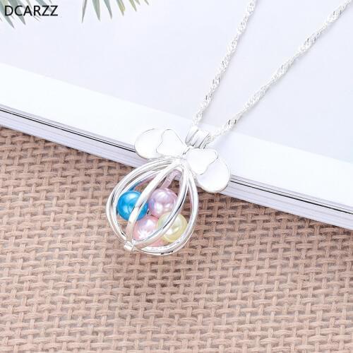 Bow Mickey Ears Pendant Pearl Cage Long Chain Locket Necklace Girls Gift Accessories Pearl Beads Charm Cartoon Jewelry Wholesale