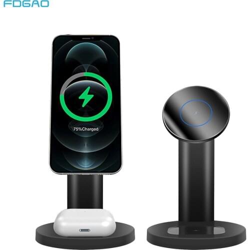 FDGAO 3 in 1 Metal Magnetic Wireless Charger for iPhone 12 Pro Max Mini Chargers For Apple Watch 6 SE 5 4 3 2 Airpods Pro Stand