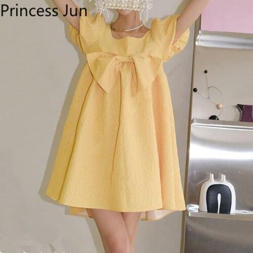 French Palace Style Princess Yellow Mini Dress Sweet Girl Bowknot Two Wear Puffy Dress Beads Rhinestone Puff Sleeve Party Dress