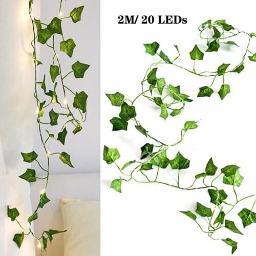 2M/ 20 LED Artificial Plants String Light Green Leaf Ivy Vine Fairy Light String Maple Leaves Lamp Garland DIY Hanging Lighting