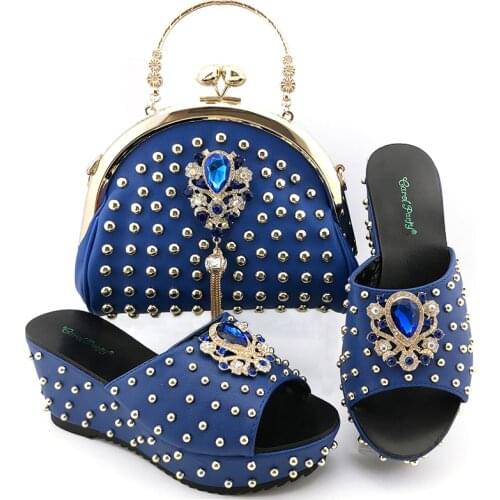 Royal blue italian shoes with matching bag 10.5CM african shoes and bag matching set for party italian shoes and bags set QSL016