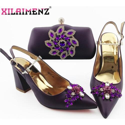 2019 Super High Heels Italian Shoes With Matching Bags Set Nigerian Womens Party Shoes and Bag Sets Royal Purple Color