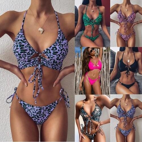 Explosion Models Bikini Set Fashion Sexy Leopard Swimsuit Lace Up Women Print Two Piece Swimwear Swimming Suit Female Bikinis