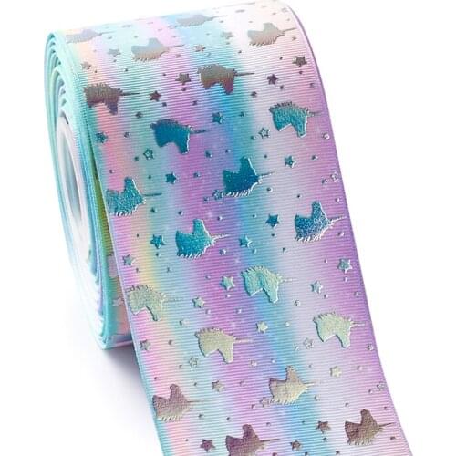 75mm 3" 10yard sliver foil unicorn printed colorful pattern grosgrain ribbon