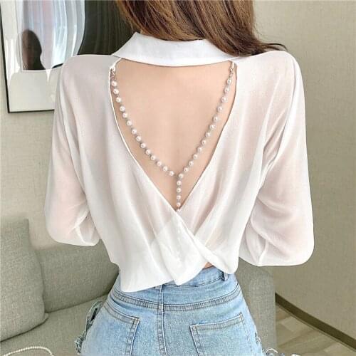 Summer Thin Sunscreen Shirts White Loose Womens Clothing Backless Blouses Hollow Out Perspective Ladies Tops Beach Style New