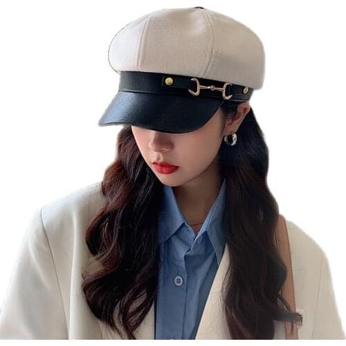 Fashion Ins Womens Wool Beret caps Painter Pumpkin hats Solid Patchwork Warm Ivy hat Girl Hip hop Hat With Chain