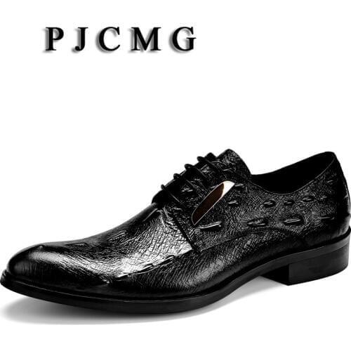 PJCMG Spring/Autumn Black/Wine Red Oxfords Mens Dress Lace-Up Pointed Toe Genuine Leather Formal Business Solid Wedding Shoes