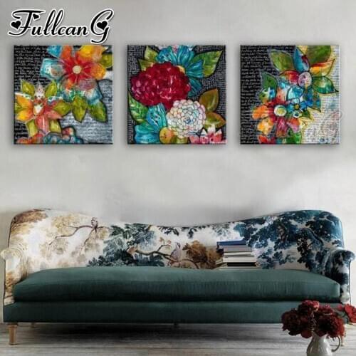 FULLCANG 5d diy diamond embroidery abstract text color flowers triptych painting full square round mosaic pattern kit FC3301