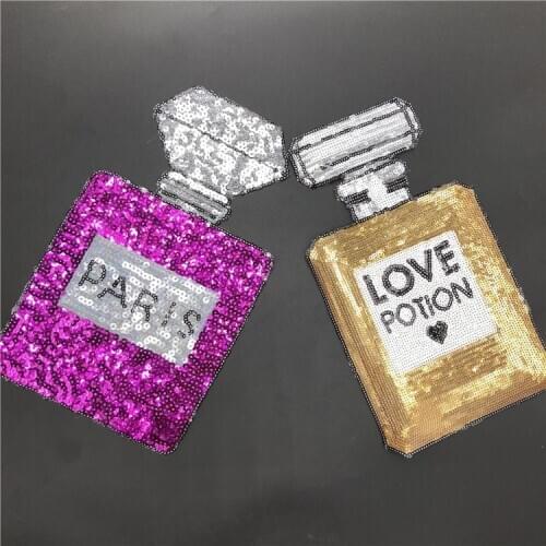 Pink PARIS /Gold LOVE POTION Perfume Bottle Patch Iron on Sequined Patch for Clothes Beading Embroidery Appliques DIY Partches