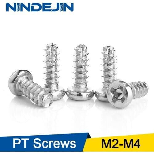 NINDEJIN M2 M2.3 M2.6 M3 M3.5 M4 Nickel Plated Cutting Tail Cross Round Head Slotting Phillips Self Tapping Machine PT Screw