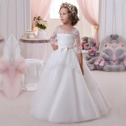 New Girls Communion Gown White Lace O-Neck Lace Up Flower Girls Dresses for Wedding Vestidos Comunion Ninas