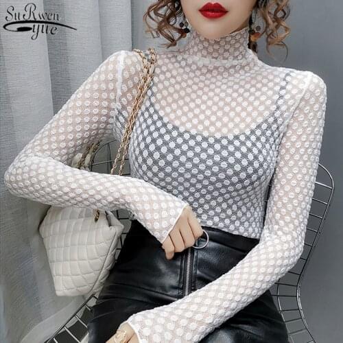 Autumn Elegant Solid Blouse Spring Sexy Lace Upper Garment Shirt Female Long Sleeve Turtleneck Lace Bottoming Shirt Blusas 10813
