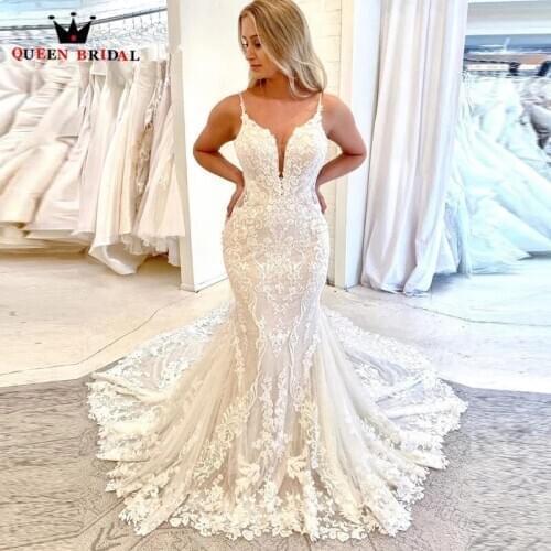 Custom Made Wedding Dress 2021 Mermaid Floor Length Lace Flowers Appliques Sexy Formal Bride Dress KW30