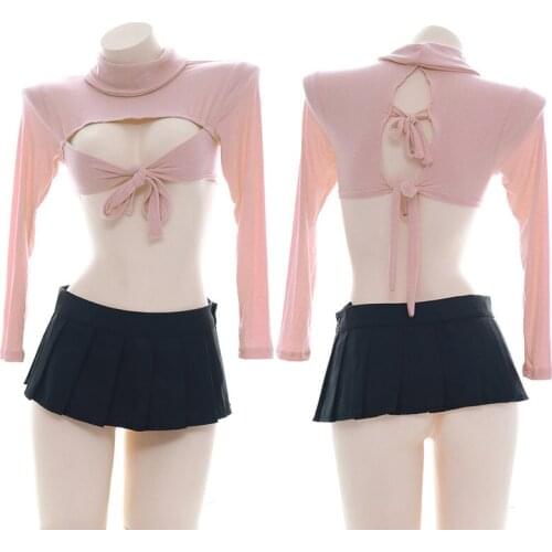Sexy Schoolgirl Costume Kawaii Lingerie Erotic Anime Maid Cosplay Outfit Mini Skirt Open Bra Top Cute Lolita Sleepwear Pink New