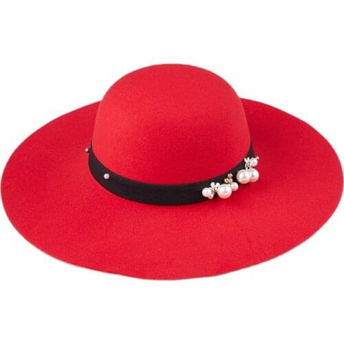 Autumn Winter Hats Caps for Women Fashion Wool Felt Fedora Hat with Pearl Ladies Girls Wide Brim Top Hats Dome GH-209