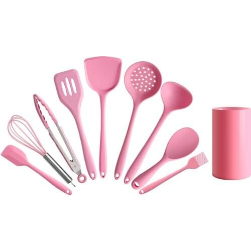 Silicone Kitchenware Non-stick Cookware High Temp Resistant 10piece Spatula Spoon Clamp Storage Bucket Cooking Baking Set