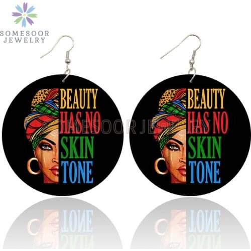 SOMESOOR Beauty Has No Skin Tone Wooden Drop Earrings Afro Headwrap Black Sayings Ethnic Loops Dangle Jewelry For Women Gifts