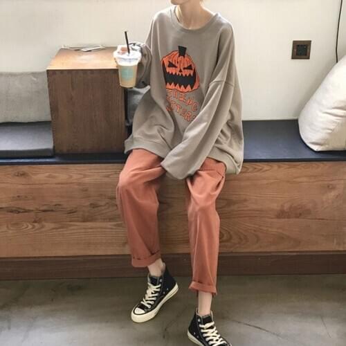 Pumpkin print autumn and winter long-sleeved thick pullover Halloween Korean oversize
