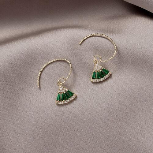 Vintage Green Crystal Fan-shaped Hoop Earrings Gold Color Metal Shiny Rhineston Drop Earrings for Women Party Jewelry Brincos