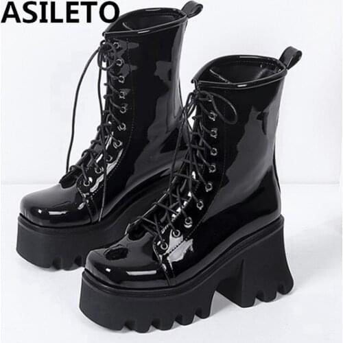ASILETO Shoes women High heels Ankle boots Platform Round toe Patent leather Lace up Solid Black Rose Spring Autumn Winter Hot