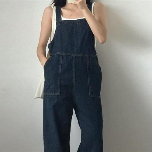 Womens Denim Jumpsuits Korea Fashion Loose Pocket Jeans Streetwear Bib Pants Overalls Sleeveless Denim Straight Rompers