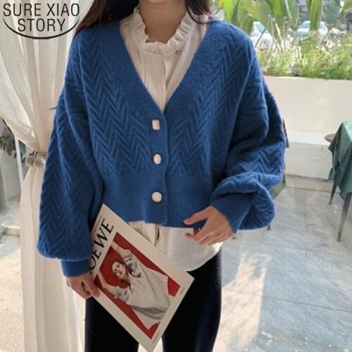 Winter Clothes Women Lantern Long Sleeve Knit Sweater Women Korean Solid Single-breasted New V-neck Loose Short Cardigan 11834