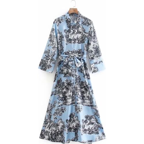 Za Women Sweet Dress Fashion 2021 Blue Poplin Blue Printed Shirt Midi Dress Female Spring Vintage Long Sleeve Mujer Vestidos