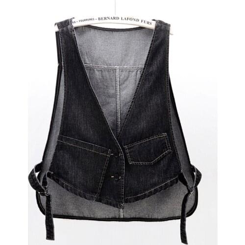 Autumn Vintage Black Blue Front Short Back Long Denim Vest Women Waistcoat Pocket Sleeveless Jacket Slim Short Jeans Vest Female