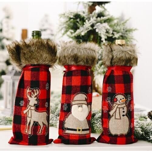 1pc Christmas Wine Bottle Covers Christmas Snowman Red Plaid Cotton Champagne Bottle Cover Bag For 2021 New Year Xmas Home Decor