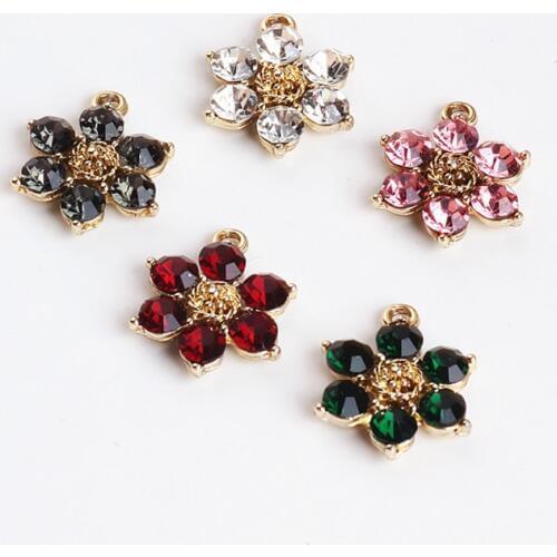 10pcs Colorful Rhinestone Flower Charms Pendant Golden Base Shinny Metal Charms Gem Fit DIY Jewelry Earring Hair Accessory FX785