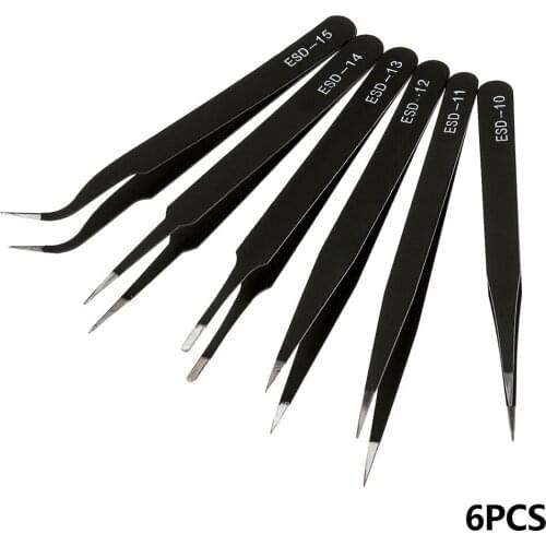 6Pcs ESD Anti-Static Stainless Steel Tweezer Set Maintenance Repair Tool Kit Anti Static Model Making Tool Hand Tool Set
