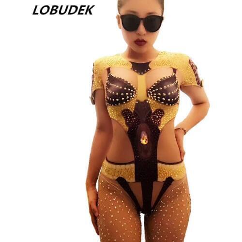Shining Gold Crystals Diamond Bodysuit Bar nightclub DJ singer Stage costumes Sexy party Dance groups performance dance catsuit