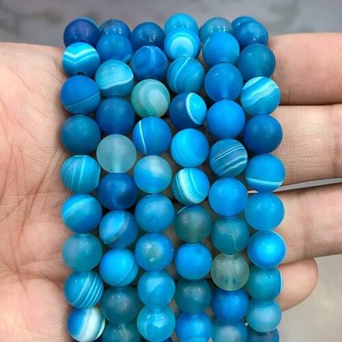 Matte Blue Stripe Agates Natural Banded Lace Onyx Beads Diy Bracelet Necklace for Jewelry Findings 15" Strand 4 6 8 10 12 14MM