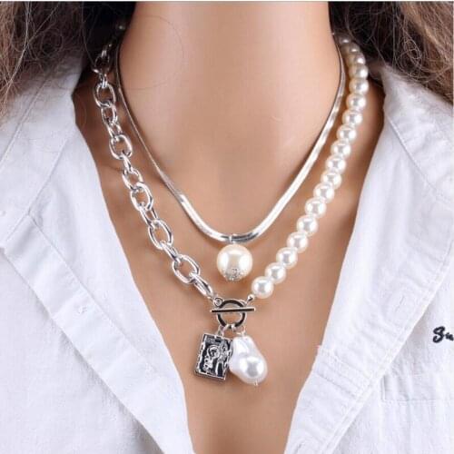 Vintage Baroque Irregular Pearl Lock Chains Necklace 2021 Geometric Aangel Pendant Love Necklaces for Women Punk Jewelry