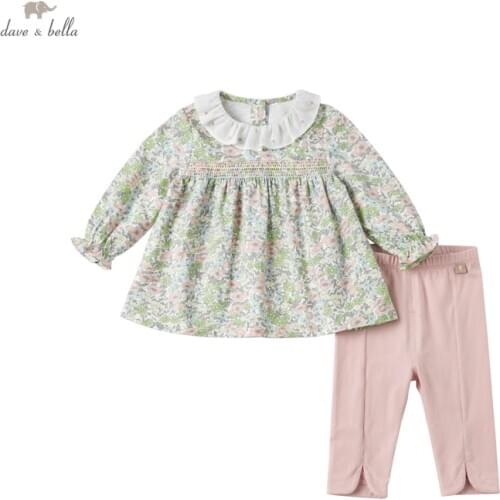 DBZ16655 dave bella spring baby girls cute floral print clothing sets kids fashion long sleeve sets children 2 pcs suit