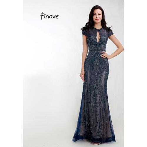 Finove 2020 New Arrivals Evening Dresses Long Elegant Beading O-Neck Tulle Floor Length Mermaid Party Dress Gowns for Woman